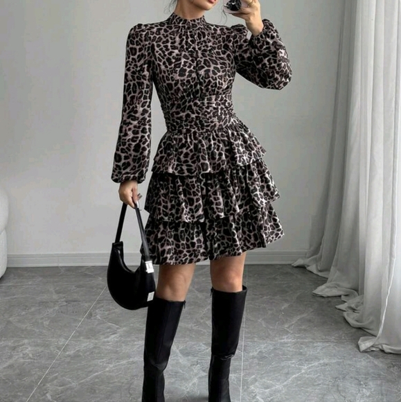 New Year Women's Leopard Print Stand Collar Layered Cake Hem Waist Cinched Dress - Picture 1 of 5